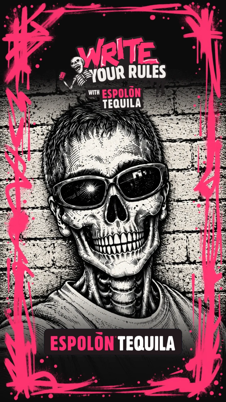 Example calavera illustration with a pink frame and the Write Your Rules logo